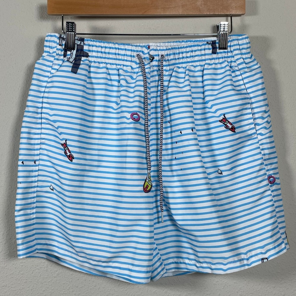 Boardies Apparel Swim Trunks Mens M Blue White‎ Striped Graphic Beach Vacation